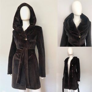 NWT WOMEN WINTER COAT HOODED SINGLE-BREASTED BELTED INSULATED JACKET LINED BROWN